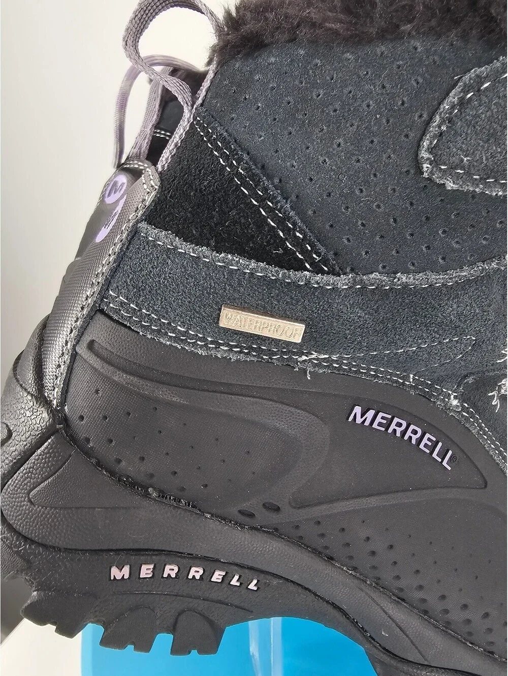 Merrell Women's Winter Waterproof Hiking Boots Black/Gray with Purple Laces